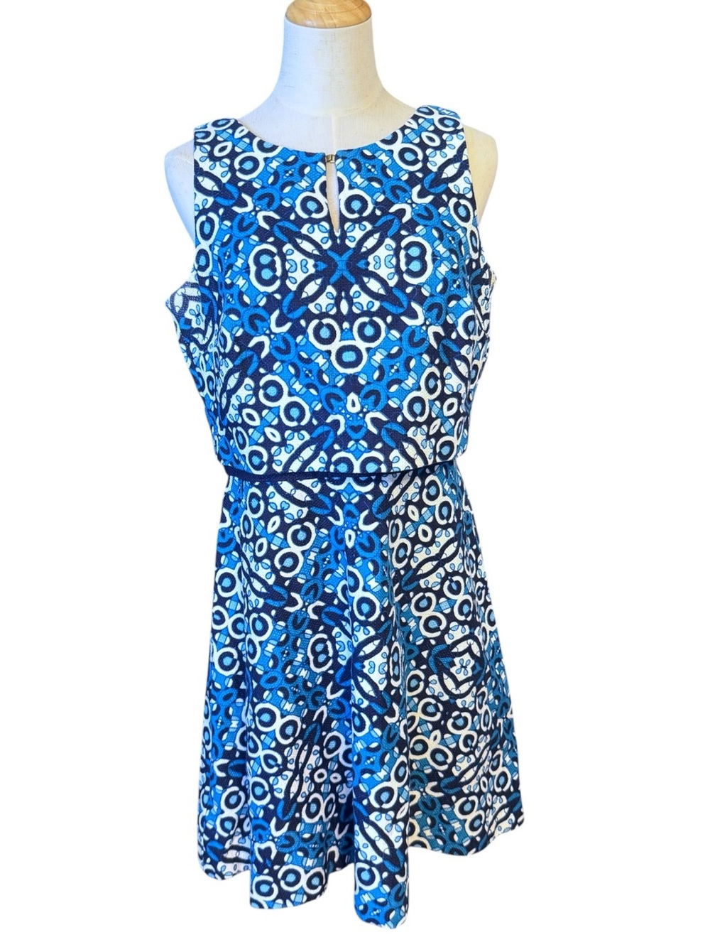 Taylor Size 10 Blue White Printed Fit & Flare Dress Sleeveless